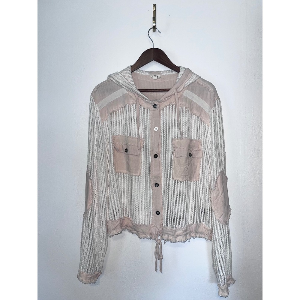 POL Pink White Crochet Knit Hooded Button Front Shacket Jacket Casual | Large